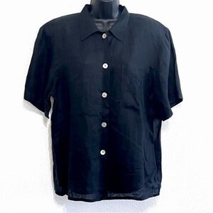 Jaeger Woman 100% LINEN Black Button Down Top Short Sleeve Shirt Size L